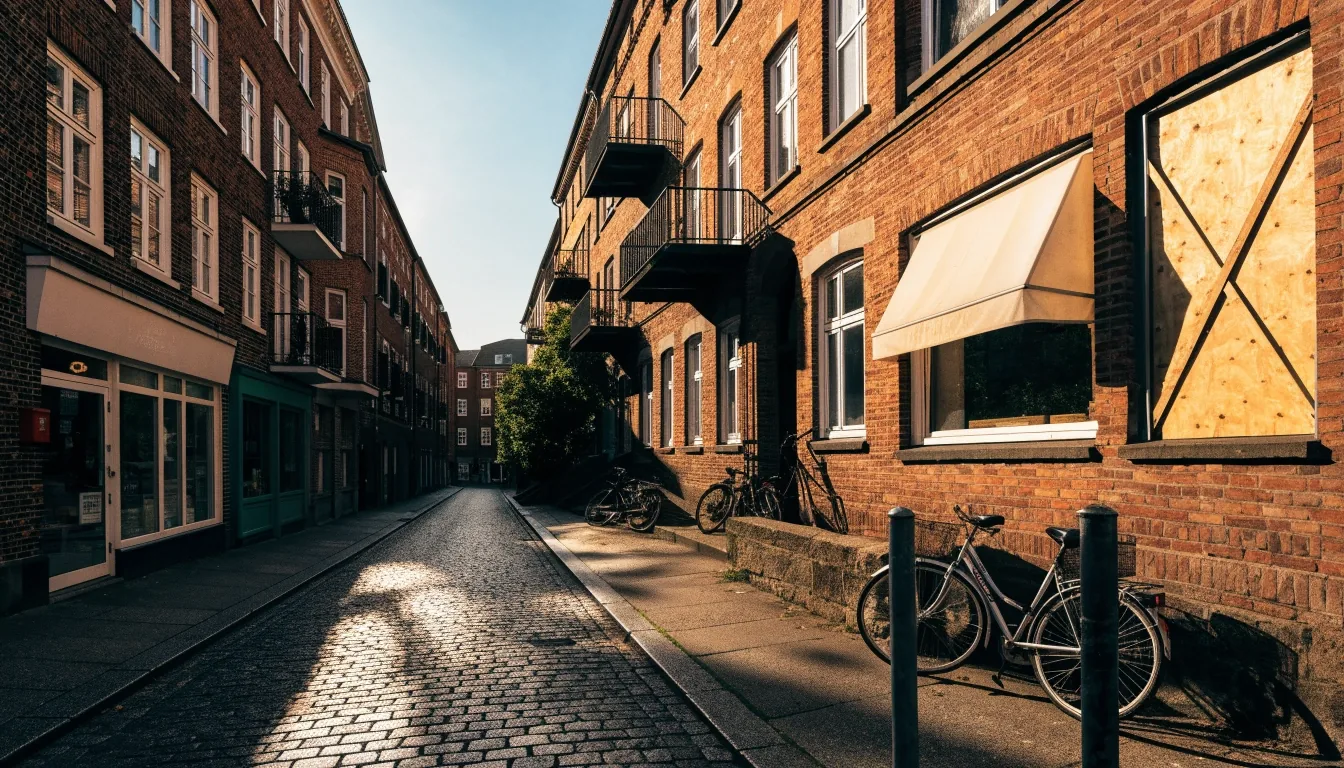 Hamburger Wohnstraße im Spätnachmittagslicht mit wechselnden Erdgeschossen
