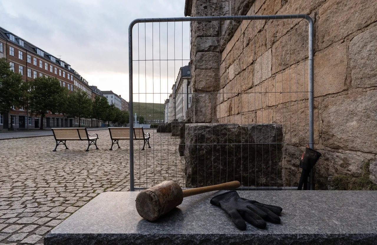 Platz in Hamburg mit Denkmal und Steinmetzwerkzeug am Morgen