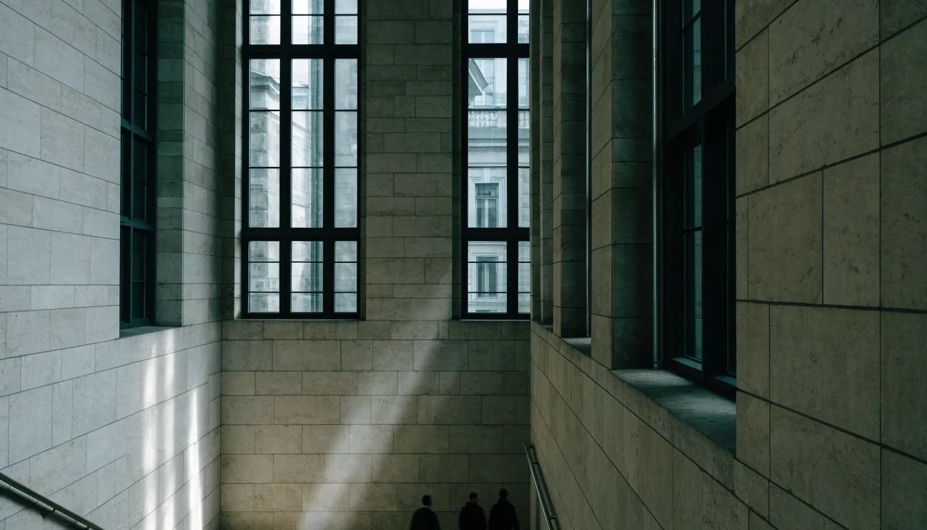 Morgenlicht in einem Treppenhaus im Frankfurter Bankenviertel mit weit entfernten, kleinen Figuren