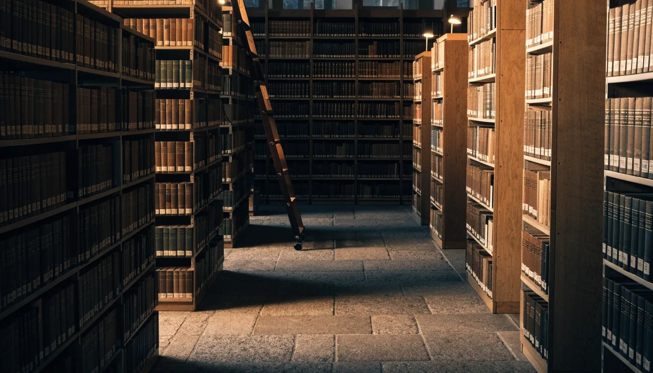 Lesetisch in einer Bibliothek am Abend mit Stapeln geschlossener Bände und einer Lampe